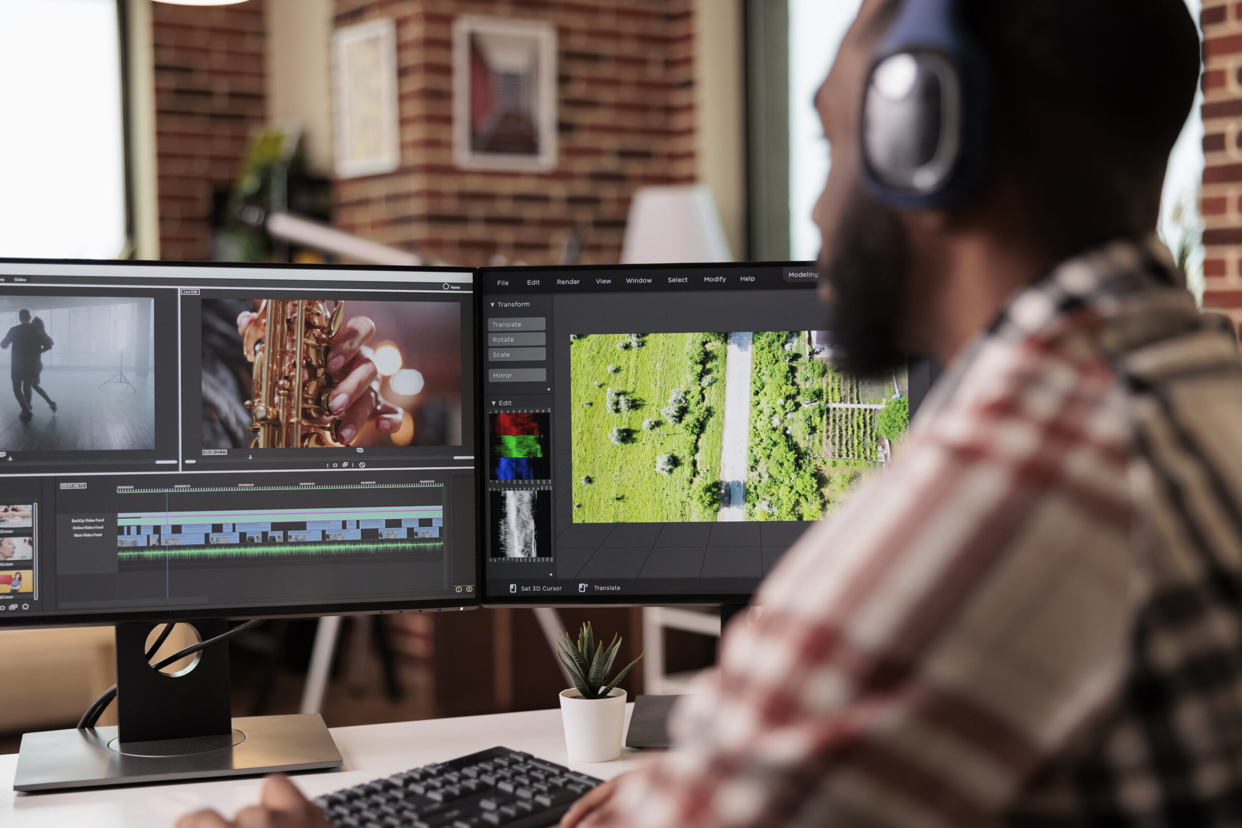 Graphic designer editing footage on software, working to edit video montage with color grading and audio effects. Sound and film production content, making creative movie on computer.